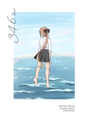 Rule 34 | 1girl, akigumo (kancolle), akigumo kai ni (kancolle), anko (hayashi tetoku), barefoot, blue sky, brown hair, cloud, collared shirt, commentary request, day, dress shirt, from behind, grey skirt, highres, kantai collection, ocean, outdoors, pleated skirt, ponytail, shirt, skirt, sky, solo, wading, water, white shirt