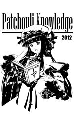 Rule 34 | 10s, 1girl, 2012, :o, blunt bangs, book, capelet, character name, crescent moon, floating, floating object, frilled sleeves, frills, greyscale, hat, high contrast, jipo, long hair, long sleeves, mob cap, monochrome, moon, open book, open mouth, patchouli knowledge, solo, touhou, wide sleeves