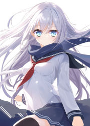 Rule 34 | aruka (alka p1), black sailor collar, black skirt, black thighhighs, blue eyes, blue scarf, breasts, commentary request, hibiki (kancolle), highres, kantai collection, neckerchief, pleated skirt, red neckerchief, sailor collar, scarf, school uniform, serafuku, simple background, skirt, small breasts, thighhighs, white background, white hair