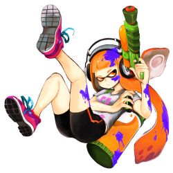 Rule 34 | 1girl, bad id, bad pixiv id, bare legs, blunt bangs, clenched teeth, domino mask, female focus, finger on trigger, frown, full body, headphones, highres, inkling, inkling girl, inkling player character, long hair, mask, matching hair/eyes, nintendo, no socks, orange eyes, orange hair, pointy ears, shoes, shorts, simple background, sneakers, solo, splatoon (series), splattershot (splatoon), teeth, tentacle hair, twintails, white background