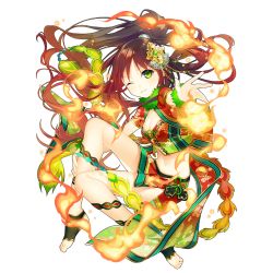 Rule 34 | 1girl, breasts, chinese clothes, cleavage, floating hair, full body, green eyes, hair ornament, hand on leg, long hair, looking at viewer, medium breasts, midriff, navel, official art, one eye closed, toeless footwear, outstretched arm, outstretched hand, parted lips, ponytail, red hair, side slit, skirt, smile, solo, suzaku (uchi no hime-sama), transparent background, uchi no hime-sama ga ichiban kawaii, wrist cuffs