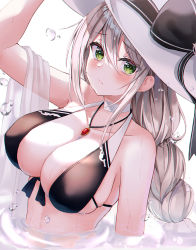 Rule 34 | 1girl, aquila (a sip of sardegnian elegance) (azur lane), aquila (azur lane), arm up, azur lane, bare arms, bare shoulders, bikini, black bikini, braid, breasts, choker, cleavage, closed mouth, collarbone, front-tie bikini top, front-tie top, frown, green eyes, hair between eyes, hat, highres, jewelry, large breasts, lkeris, long hair, looking at viewer, necklace, official alternate costume, partially submerged, ripples, shawl, silver hair, single braid, skindentation, solo, string bikini, sun hat, swimsuit, water, wet, white choker, white hat