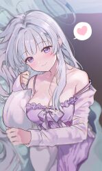 Rule 34 | 0202ase, 1girl, absurdres, alternate costume, blue archive, blush, breasts, cleavage, collarbone, dress, empire waist, grey hair, halo, heart, highres, indoors, large breasts, long hair, looking at viewer, lying, noa (blue archive), off-shoulder dress, off shoulder, on side, purple dress, purple eyes, smile, solo, spoken heart, strap slip, very long hair