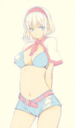 Rule 34 | 1girl, alice margatroid, alternate costume, arms behind back, belt, between breasts, bikini, bikini top only, blonde hair, blue eyes, breasts, cameltoe, capelet, cleavage, cowboy shot, hairband, kurokuro, looking at viewer, midriff, navel, necktie, necktie between breasts, race queen, short shorts, shorts, simple background, solo, swimsuit, touhou, white background