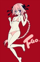 Rule 34 | 1boy, astolfo (fate), bare shoulders, barefoot, bikini, blush, braid, fang, fate/apocrypha, fate/grand order, fate (series), groin, hair ornament, long hair, midriff, navel, open mouth, pink hair, purple eyes, red background, ribbon, swimsuit, trap, very long hair