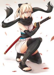 Rule 34 | 1girl, black bow, black scarf, blonde hair, bow, brown eyes, fate (series), feet, fighting stance, full body, hair bow, highres, holding, holding sheath, holding sword, holding weapon, koha-ace, looking at viewer, okita souji (fate), okita souji (koha-ace), on one knee, ready to draw, rixch, sandals, scarf, sheath, sheathed, short hair, solo, squatting, sword, toes, weapon