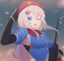 Rule 34 | 1girl, 9a-91, 9a-91 (girls&#039; frontline), arm up, beret, black gloves, blue dress, blue eyes, blurry, blurry background, breasts, commentary, depth of field, dress, elbow gloves, fhang, girls&#039; frontline, gloves, hair between eyes, hair ornament, hat, long hair, looking at viewer, medium breasts, name connection, object namesake, one eye closed, open mouth, puffy short sleeves, puffy sleeves, red hat, short sleeves, silver hair, solo, star (symbol), star hair ornament, upper body