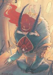 Rule 34 | 1girl, barefoot, child of light (game), crown, dress, hitodama, igniculus, long hair, mesitka, oengus, planted sword, planted, princess, princess aurora, red hair, sitting, sitting on head, sitting on person, sword, weapon
