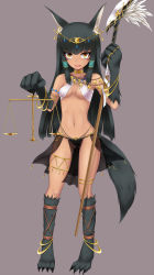 Rule 34 | 1girl, animal ears, ankh, anubis (monster girl encyclopedia), anubis (mythology), armlet, bare shoulders, black hair, breasts, cleavage, dark-skinned female, dark skin, dog ears, egyptian, egyptian mythology, feathers, grey background, hair tubes, highres, holding, jewelry, long hair, looking at viewer, lots of jewelry, monster girl, monster girl encyclopedia, navel, necklace, original, shimo (depthbomb), sidelocks, simple background, slit pupils, small breasts, solo, staff, standing, tail, weighing scale, wolf, wolf ears, wolf tail, yellow eyes