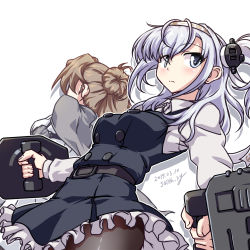 Rule 34 | 2girls, 547th sy, adapted turret, back-to-back, black dress, black legwear, cannon, cosplay, costume switch, dated, double bun, dress, frilled dress, frills, grey eyes, hair bun, highres, kantai collection, light brown hair, long hair, machinery, michishio (kancolle), michishio (kancolle) (cosplay), multiple girls, one side up, pantyhose, pinafore dress, shirt, signature, silver hair, simple background, sleeveless, sleeveless dress, solo focus, suzutsuki (kancolle), suzutsuki (kancolle) (cosplay), turret, white background, white shirt