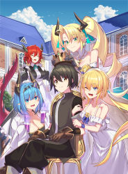 Rule 34 | 1boy, 4girls, :d, ;d, bare shoulders, blonde hair, blue hair, bob cut, breasts, brown gloves, cleavage, closed eyes, closed mouth, copyright request, courtyard, day, dragon tail, fangs, gloves, highres, horns, house, multiple girls, official art, one eye closed, open mouth, outdoors, red hair, smile, tail, takamine nadare, twintails