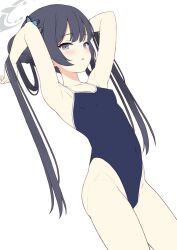 Rule 34 | 1girl, armpits, arms up, black hair, blue archive, blue one-piece swimsuit, braid, braided bun, breasts, butterfly hair ornament, covered navel, double bun, grey eyes, hair bun, hair ornament, halo, highleg, kisaki (blue archive), long hair, looking at viewer, one-piece swimsuit, school swimsuit, simple background, small breasts, solo, swimsuit, twintails, white background, yamasan