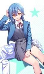 Rule 34 | 1girl, blue hair, blue jacket, collared shirt, commentary request, deadnooodles, dress, feet out of frame, grey dress, hair between eyes, hand up, highres, jacket, long sleeves, looking at viewer, love live!, love live! superstar!!, medium hair, neck ribbon, open clothes, open jacket, orange eyes, parted lips, pinafore dress, red ribbon, ribbon, shirt, short dress, sleeveless dress, solo, star (symbol), wakana shiki, white shirt