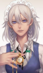 Rule 34 | 1girl, blue eyes, bow, braid, earrings, fan ju, gradient background, hair bow, hair ornament, highres, izayoi sakuya, jewelry, lips, looking at viewer, maid headdress, parted lips, pocket watch, portrait, shirt, short hair, signature, silver hair, solo, stud earrings, touhou, twin braids, vest, watch