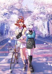 Rule 34 | 2girls, ahoge, alternate costume, anaheim electronics, arms behind back, artist name, bag, bicycle, bicycle basket, black dress, black footwear, black hairband, black socks, blue eyes, blue jacket, brown sweater vest, building, casual, cherry blossoms, collared shirt, commentary request, cropped jacket, day, dress, falling petals, film grain, floating hair, grey eyes, grey hair, gundam, gundam suisei no majo, hairband, halter dress, halterneck, highres, jacket, kneehighs, korean commentary, long sleeves, looking up, miorine rembran, multiple girls, mwoji, o-ring, o-ring thigh strap, off shoulder, open mouth, outdoors, parted lips, petals, railing, red hair, road, shirt, shoes, skirt, sleeveless, sleeveless dress, smile, sneakers, socks, standing, street, suletta mercury, sweater vest, teeth, thigh strap, tree, upper teeth only, white shirt, white skirt