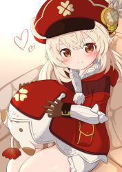 Rule 34 | 1girl, ahoge, bloomers, blush, brown eyes, brown gloves, brown scarf, cabbie hat, clover print, coat, commentary request, couch, fake pregnancy, genshin impact, gloves, hair between eyes, hat, hat feather, hat ornament, heart, highres, hugging doll, hugging object, jumpy dumpty, klee (genshin impact), light brown hair, long hair, long sleeves, looking at viewer, low twintails, playing, pocket, pointy ears, red coat, red hat, scarf, sidelocks, simple background, sitting, smile, solo, sukuda mizuo, twintails, underwear