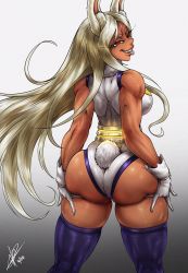 Rule 34 | 1girl, animal ears, ass, bare shoulders, belt, black background, boku no hero academia, cowboy shot, daffduff, dark-skinned female, dark skin, dated, female focus, from behind, gloves, gradient background, highres, leotard, long hair, looking at viewer, looking back, mirko, parted bangs, purple thighhighs, rabbit ears, rabbit tail, red eyes, signature, silver hair, smile, solo, standing, tail, teeth, thighhighs, tongue, tongue out, two-tone background, upper teeth only, white background, white gloves