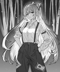 Rule 34 | 1girl, arm strap, bamboo, bow, closed mouth, collared shirt, commentary, commentary request, cowboy shot, english commentary, fujiwara no mokou, greyscale, hair bow, hands in pockets, highres, long hair, long sleeves, looking at viewer, metsu end, mixed-language commentary, monochrome, ofuda, ofuda on clothes, pants, shirt, shirt tucked in, solo, suspenders, touhou, very long hair