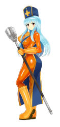Rule 34 | 1girl, absurdres, blue hair, blue tabard, bodysuit, boots, cross, cross print, dragon quest, dragon quest iii, gloves, hat, highres, latex, latex bodysuit, long hair, looking at viewer, mace, mitre, orange bodysuit, priest (dq3), red eyes, shiny clothes, shoukin500, skin tight, solo, tabard, weapon, yellow gloves