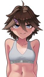 Rule 34 | 1girl, abs, ahoge, arms behind back, blue eyes, breasts, brown hair, character name, clothes writing, collarbone, commentary, english commentary, eyelashes, grey sports bra, hair between eyes, hair ornament, hairclip, highres, kyoko (madaotheory), long bangs, looking at viewer, madaotheory, midriff, navel, original, parted lips, short hair, simple background, small breasts, smile, solo, sports bra, tomboy, toned, upper body, white background