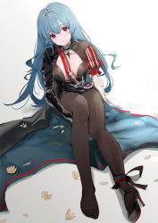 Rule 34 | 1girl, absurdres, ankle bow, ankle ribbon, asymmetrical gloves, azur lane, blue hair, bodystocking, bow, breasts, center opening, collar, crosier, dress, gambeson, gloves, highres, horns, large breasts, leg ribbon, looking at viewer, marco polo (azur lane), maria (syake-uni), microdress, mismatched gloves, petals, red eyes, ribbon, sardegna empire (emblem), sitting