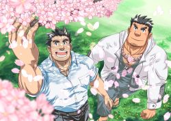 Rule 34 | 2boys, bad id, bad twitter id, bara, beard, belt, black hair, bunta ru, cherry blossoms, chest hair, couple, cross scar, facial hair, foreshortening, highres, houzouin oniwaka, large pectorals, long sideburns, male focus, mononobe kyoma, multiple boys, muscular, open clothes, pants, pectorals, protagonist 3 (housamo), scar, scar on face, scar on forehead, shirt, sideburns, smile, stubble, thick eyebrows, tokyo houkago summoners, upper body