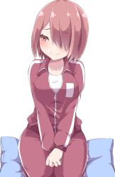 Rule 34 | 1girl, blush, breasts, collarbone, embarrassed, hair over one eye, highres, hoshino miyako (wataten), kneeling, kou89, large breasts, looking to the side, nervous smile, partially unzipped, pillow, red eyes, red track suit, shirt, short hair, simple background, sitting, sitting on pillow, smile, solo, thick thighs, thighs, track suit, v arms, watashi ni tenshi ga maiorita!, white background, white shirt, zipper