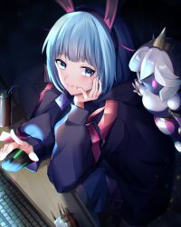 Rule 34 | 1girl, animal ears, black jacket, blue eyes, blue hair, blush, crown, cygames, dark background, fake animal ears, hand on own face, headband, highres, holding mouse (computer), jacket, keyboard (computer), long bangs, mascot, mini crown, monitor, mouse (computer), om rm1101, otosaka shion (shadowverse flame), out of frame, rabbit ears, shadowverse, shadowverse (anime), shadowverse flame, smile
