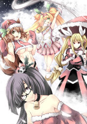 Rule 34 | 4girls, abs, adapted costume, alternate costume, animal ears, arc system works, armpits, bare shoulders, bell, neck bell, black hair, blazblue, blazblue: calamity trigger, blazblue: continuum shift, blonde hair, boots, bow, breasts, brown eyes, brown hair, choker, christmas, cleavage, collar, dress, glasses, hair bow, hair ornament, hat, heart, holly, holly hair ornament, jingle bell, lao jiu, large breasts, legs, litchi faye ling, long hair, magical girl, makoto nanaya, midriff, miniskirt, mittens, multiple girls, one eye closed, platinum the trinity, pm ringo, quad tails, rachel alucard, red eyes, santa costume, santa hat, short hair, skirt, smile, squirrel ears, squirrel tail, staff, tail, twintails, two side up, umbrella, underboob, very long hair