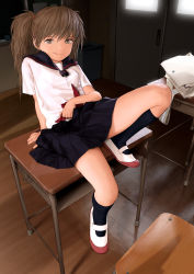 Rule 34 | 1girl, absurdres, arm support, bag, black sailor collar, black skirt, bow, bow panties, brown eyes, brown hair, check commentary, classroom, come hither, commentary, commentary request, desk, floor, grey panties, gusset, hair ornament, hairclip, highres, indoors, long hair, looking at viewer, naughty face, unworn neckerchief, on desk, original, panties, panty pull, pleated skirt, redrawn, revision, rustle, sailor collar, school, school desk, school uniform, serafuku, shirt, shoes, short sleeves, shoulder bag, sitting, skirt, smile, socks, solo, twintails, underwear, uwabaki, white panties, white shirt