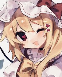 Rule 34 | 1girl, ascot, blonde hair, bow, chicachang, crystal, flandre scarlet, hat, hat ribbon, heart, heart-shaped pupils, highres, mob cap, one side up, puffy short sleeves, puffy sleeves, red eyes, ribbon, short sleeves, side ponytail, skirt, solo, symbol-shaped pupils, touhou, upper body