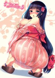 Rule 34 | 1girl, absurdres, ass, ass focus, barefoot, black hair, blue eyes, blunt bangs, blush, bosshi, bow, breasts, dutch angle, english text, flower, from behind, hair bow, hair flower, hair ornament, highres, hime cut, huge ass, japanese clothes, kimono, large breasts, leaf print, long hair, looking back, low-tied long hair, non-web source, obi, off shoulder, original, parted lips, photoshop (medium), sandals, sash, simple background, solo, squatting, sweat, tearing up, very long hair, yukata