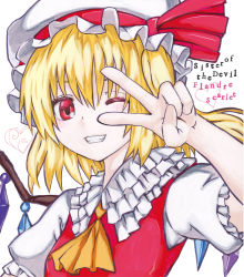 Rule 34 | 1girl, ascot, blonde hair, bow, character name, crystal, english text, flandre scarlet, grin, hat, hat bow, heart, kabaji, looking at viewer, mob cap, one eye closed, red eyes, short sleeves, side ponytail, simple background, smile, solo, teeth, touhou, traditional media, upper body, v, white background, wings