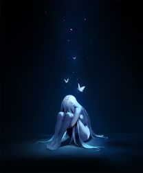 Rule 34 | 1girl, blue theme, bug, butterfly, completely nude, dongho kang, glowing, hair over eyes, hugging own legs, insect, long hair, nude, original, sitting, solo, very long hair