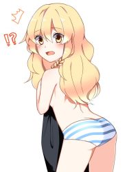 Rule 34 | !?, 1girl, ass, blonde hair, blush, braid, breasts, covering breasts, covering privates, d:, from behind, kirisame marisa, long hair, looking at viewer, open mouth, panties, side braid, single braid, small breasts, solo, striped clothes, striped panties, surprised, touhou, underwear, underwear only, undressing, unworn clothes, wavy hair, wavy mouth, yellow eyes, yururi nano