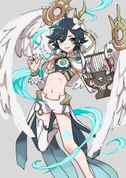 Rule 34 | 1boy, black hair, blue hair, braid, capelet, feathered wings, feathers, floating, flower, genshin impact, gradient hair, green eyes, hair flower, hair ornament, holding, holding instrument, hood, hood down, hooded capelet, instrument, looking at viewer, lyre, magnera nora, male focus, midriff, multicolored hair, navel, shorts, simple background, single thighhigh, smile, solo, tattoo, thighhighs, trap, twin braids, venti (archon) (genshin impact), venti (genshin impact), white background, white flower, white thighhighs, wings