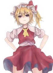 Rule 34 | 1girl, artistic error, ascot, blonde hair, bow, closed mouth, cowboy shot, fang, fang out, flandre scarlet, flat chest, frilled shirt collar, frills, from below, hair between eyes, hat, hat bow, haya nyaru, highres, looking at viewer, mob cap, one side up, puffy short sleeves, puffy sleeves, red bow, red eyes, red skirt, red vest, short hair, short sleeves, simple background, skirt, smug, solo, standing, touhou, vest, white background, white hat, yellow ascot