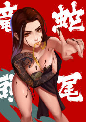 Rule 34 | 1girl, arm tattoo, bare arms, bare legs, bare shoulders, breast hold, breasts, brown eyes, brown hair, chest tattoo, cleavage, collarbone, commentary request, covering privates, covering breasts, cowboy shot, from above, genderswap, genderswap (mtf), gradient hair, hand up, hanzo (overwatch), index finger raised, large breasts, legs apart, long hair, looking at viewer, mouth hold, multicolored hair, nose, overwatch, overwatch 1, pink lips, purple hair, red background, ribbon, ribbon in mouth, solo, standing, tattoo, wuguno ziran juan, yellow ribbon
