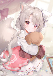 Rule 34 | 1girl, animal ear fluff, animal ears, blurry, blurry background, bow, closed mouth, collared dress, curtains, depth of field, dress, ear covers, earrings, frilled shirt collar, frills, grey hair, highres, jewelry, jigsaw puzzle, long hair, long sleeves, looking at viewer, hugging object, original, parted bangs, pink bow, puzzle, puzzle piece, red eyes, sleeves past fingers, sleeves past wrists, smile, solo, stuffed animal, stuffed fish, stuffed toy, tail, toufu mentaru zabuton, very long hair, white dress, window