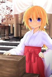 Rule 34 | &gt;:), 1girl, blonde hair, bow, closed mouth, commentary request, day, hair between eyes, hair bow, hakama, hakama skirt, hand on own hip, japanese clothes, kimono, long hair, low twintails, miko, original, outdoors, purple eyes, red bow, red hakama, skirt, smile, snow, solo, twintails, v-shaped eyebrows, very long hair, watarui, white bow, white kimono