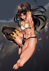 Rule 34 | 1girl, barefoot, bikini, black hair, black thighhighs, bowalia, breasts, crown, fate/grand order, fate (series), incoming attack, ishtar (fate), long hair, looking at viewer, muscular, muscular female, necktie, open mouth, solo, swimsuit, thighhighs, thighs, twintails, underwear