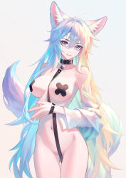 Rule 34 | 1girl, absurdres, animal ear fluff, animal ears, blonde hair, blue hair, bottomless, breasts, commentary request, convenient censoring, fox ears, gradient background, green hair, grey background, highres, kirby d a, long hair, looking at viewer, medium breasts, multicolored hair, original, pasties, revision, smile, solo, tail, thighs, very long hair, white hair