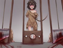 Rule 34 | 3girls, artist request, blood, crying, execution, guillotine, multiple girls, peril, rags, rope, solo focus, tears, trembling