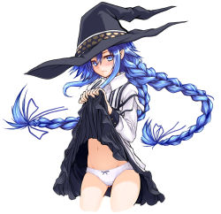 Rule 34 | 1girl, blue eyes, blue hair, blue ribbon, blush, bow, bow panties, braid, closed mouth, clothes lift, cowboy shot, dress, dress lift, floating hair, frown, gizensha, gluteal fold, hair between eyes, hair ribbon, hat, lifted by self, long hair, long sleeves, matching hair/eyes, mushoku tensei, panties, ribbon, roxy migurdia, simple background, solo, twin braids, underwear, very long hair, white background, white panties, witch hat