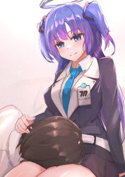 Rule 34 | 1boy, 1girl, absurdres, belt, black jacket, black skirt, blue archive, blue eyes, blue necktie, blush, breasts, brown hair, closed mouth, commentary request, hair ornament, hairclip, halo, hand in another&#039;s hair, highres, id card, jacket, lap pillow, long hair, long sleeves, looking at another, looking down, medium breasts, muteppona hito, necktie, purple hair, seiza, sensei (blue archive), shirt, short hair, short twintails, sitting, skirt, smile, thighs, twintails, white background, white belt, white shirt, yuuka (blue archive)