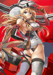 Rule 34 | 10s, 1girl, ass, bad anatomy, bare shoulders, bismarck (kancolle), blonde hair, blue eyes, breasts, cross, detached sleeves, flag, gloves, grey thighhighs, hand on own ass, hat, hat tip, himuro shunsuke, kantai collection, large breasts, long hair, looking at viewer, military, military hat, military uniform, peaked cap, solo, thighhighs, uniform