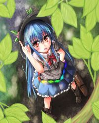 Rule 34 | 1girl, bag, blue hair, boots, dress, food, from above, fruit, fuussu (21-kazin), graphite (medium), grass, hand on own hip, hat, hinanawi tenshi, index finger raised, layered dress, leaf, legs apart, long hair, looking at viewer, mixed media, nib pen (medium), open mouth, peach, red eyes, ribbon, school bag, solo, touhou, traditional media, branch, very long hair