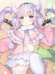 Rule 34 | 2girls, absurdres, bench, blunt bangs, capelet, commentary request, dragon girl, dragon horns, dragon tail, eyes visible through hair, from above, hair bobbles, hair ornament, hairband, highres, horns, huge filesize, kanna kamui, knee up, kobayashi-san chi no maidragon, long hair, long sleeves, looking at viewer, looking up, low twintails, lying, multiple girls, out of frame, park bench, parted lips, rucaco, saikawa riko, sidelocks, tail, thighhighs, twintails, white hair, white legwear, zettai ryouiki
