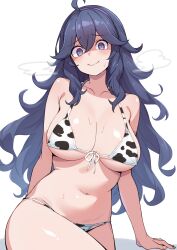 1girl ahoge animal_print bikini blush breasts cleavage cow_print cow_print_bikini creatures_(company) game_freak hair_between_eyes hairband hex_maniac_(pokemon) highres kamidan large_breasts long_hair looking_at_viewer navel nintendo pokemon pokemon_xy print_bikini purple_eyes purple_hair purple_hairband smile solo swimsuit very_long_hair white_background white_bikini