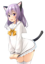 Rule 34 | 1girl, :d, animal ear fluff, animal ears, blush, bow, cat ears, cat girl, cat tail, commentary request, dress, dress tug, frilled dress, frills, hair between eyes, highres, long sleeves, looking away, open mouth, original, puffy long sleeves, puffy sleeves, purple eyes, purple hair, sailor collar, sailor dress, shibacha, simple background, smile, solo, tail, thighhighs, white background, white dress, white sailor collar, white thighhighs, yellow bow, zettai ryouiki